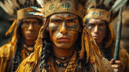 Three Inca Warriors Holding Spears in Traditional Attire During Daytime Ceremony