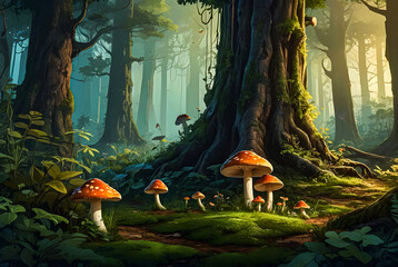 A peaceful woodland glade with mushrooms clustered around the base of ancient trees, creating a fairy-tale atmosphere vector art illustration generative AI image.
