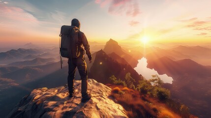 Fototapeta premium Hiking and digital detox concept. A lonely man enjoys the view of the summer mountains while he standing on a mountain peak. Contemplation of nature alone with your thoughts.