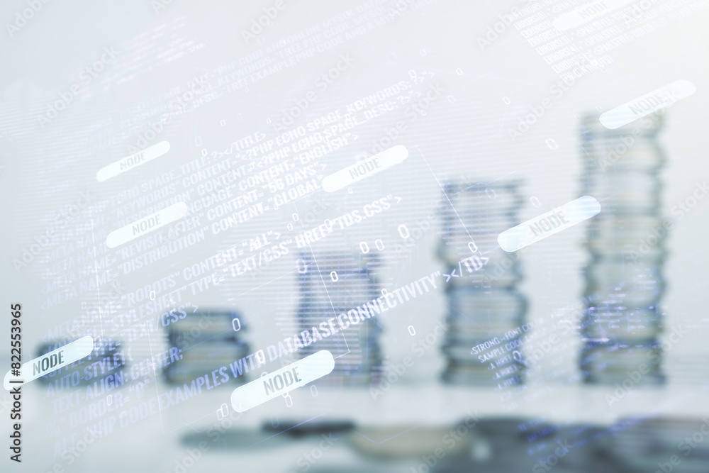 Aufkleber multi exposure of abstract creative coding sketch and world map on stacks of coins background, artif