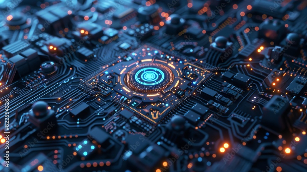 Poster detailed view of intricate computer circuitry components forming a circuit board, quantum computers