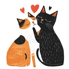 Sweet couple of kittens kissing. Illustration. Love concept. PNG, transparent background