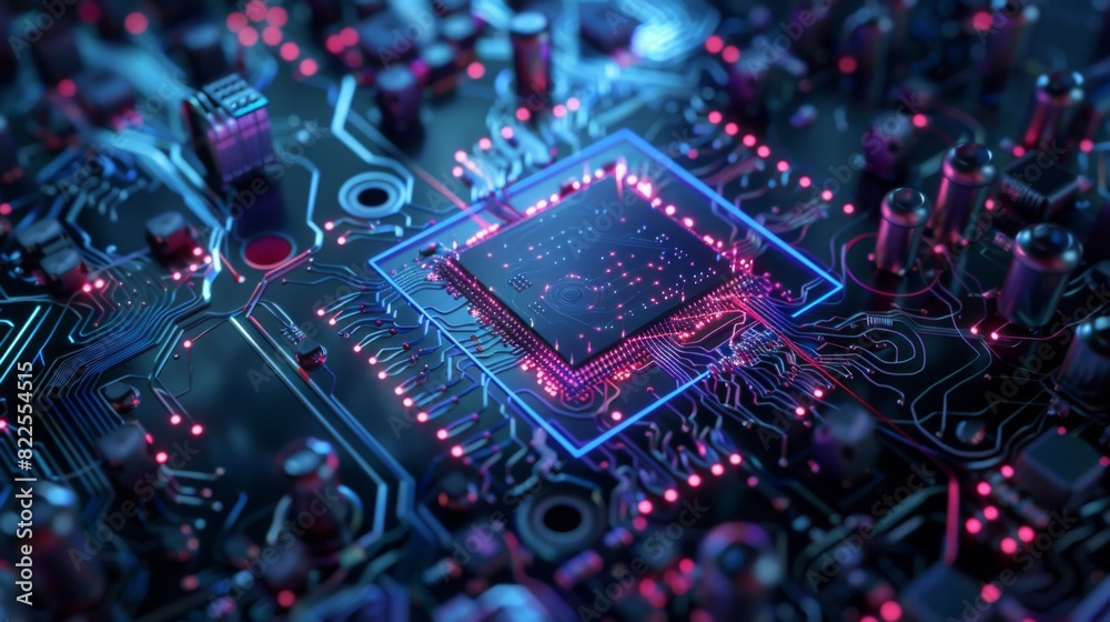 Poster detailed close up view of a computer chip showing intricate circuits and components, quantum compute