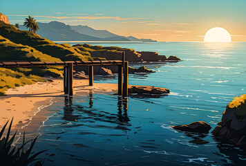 A serene coastal landscape with an ancient pier stretching out into calm waters, framed by rugged...