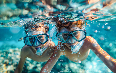Naklejka premium Underwater Adventure: Family Snorkeling in Tropical Waters