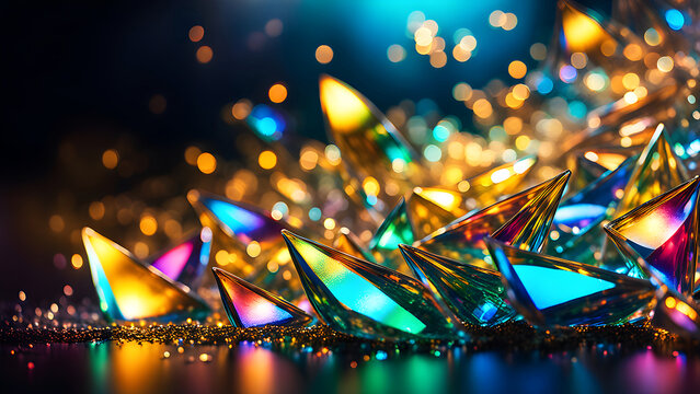 colorful gems glitter on floor with multicolor digital jems glittering particle abstract bokeh blurry background	