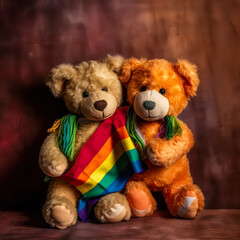 Obraz premium Photo of bears in front of LGBTQ flag, preparing for Pride. Vibrant colors and playful atmosphere highlight spirit of inclusion and celebration.