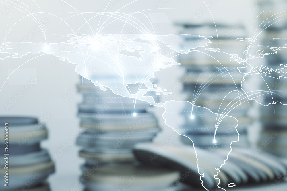 Poster double exposure of abstract digital world map hologram with connections on growing coins stacks back
