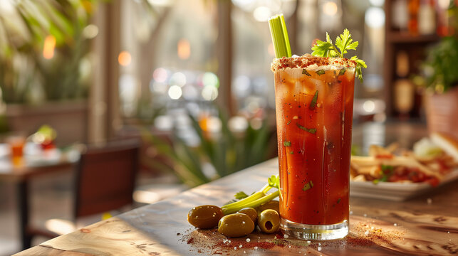 Caesar: A spicy Caesar cocktail in a tall glass with a salted rim, garnished with a celery stick, lime wedge, and olives, set against a brunch table backdrop.