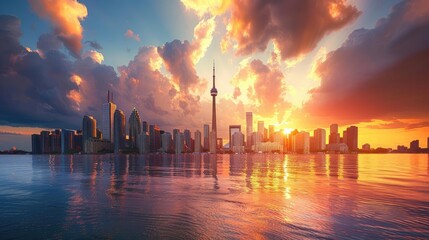 A beautiful cityscape of Toronto, Canada. The setting sun casts a golden glow on the city's skyscrapers, while the calm waters of Lake Ontario reflect the light. - Powered by Adobe