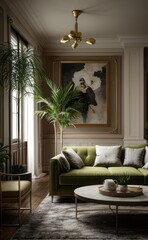 Stylish professional photograph of a dark green and brass luxury living room interior with velvet furniture and tropical plants