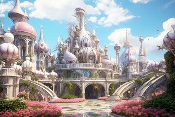 Obraz premium Dreamlike fantasy castle amid blooming gardens under a serene sky, ideal for fairy tale concepts