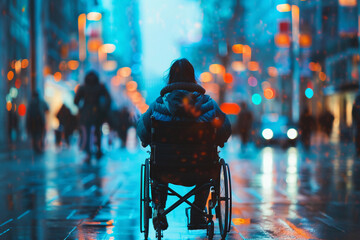 wheelchair on the street in night, blurry background