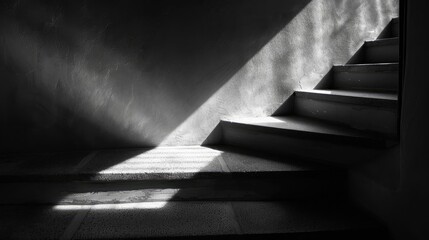 A dark and mysterious staircase leads to an unknown destination. The light from above casts long shadows, creating a sense of foreboding. What lies at the top of the stairs?