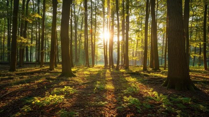 Fototapeta premium A beautiful shot of morning sunlight shining through the trees in a forest.