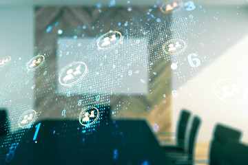 Double exposure of social network icons hologram and world map on a modern meeting room background. Marketing and promotion concept