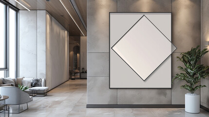 Contemporary design with a large diamond-shaped blank frame on beige.