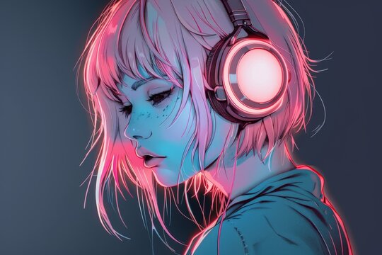Charming Anime Girl Wearing Headphones and Enjoying Lo-fi Hip Hop Music, Relaxing Manga Cartoon Drawing Illustration. Beautiful simple AI generated image in 4K, unique.