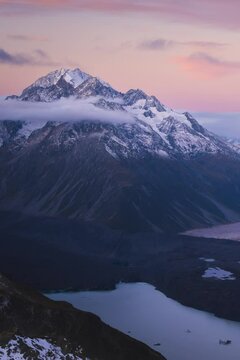 Sunset overlooking Tasman Lake in Aoraki Mt Cook National Park from Mt Wakefield