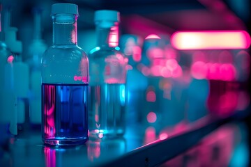 Laboratory bottles with colored solution. Laboratory medicine research