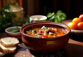 A bowl of minestrone on a table accompanied by some vegetables.