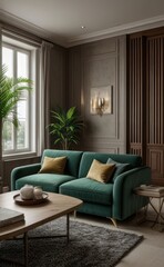 Stylish professional photograph of a dark green and brass luxury living room interior with velvet furniture and tropical plants