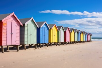 Row of vibrant beach huts with a bright blue sky, symbolizing summer leisure and vacation time