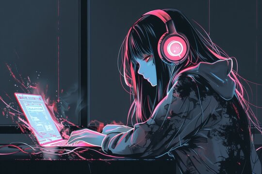 Lo-fi anime vampire girl, urban gothic inspiration for an album or playlist cover background.. Beautiful simple AI generated image in 4K, unique.