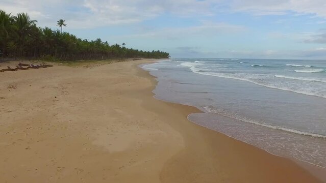 Drone sobrevoando praia deserta no Brasil. Taipu de Fora, Bahia, em um dia nublado sem pessoas. V&iacute;deo a&eacute;reo das ondas quebrando na areia fazendo espuma
