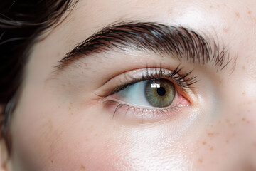 Obraz premium A close-up view of a persons green eye, fine details of the iris, eyelashes, and natural eyebrows. Soft daylight illuminates skin, highlighting freckles and smooth complexion. Cosmetic procedures