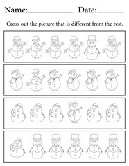 Snowman Puzzle. Printable Activity Page for Kids. Educational Resources for School for Kids. Kids Activity Worksheet. Find the Different Object