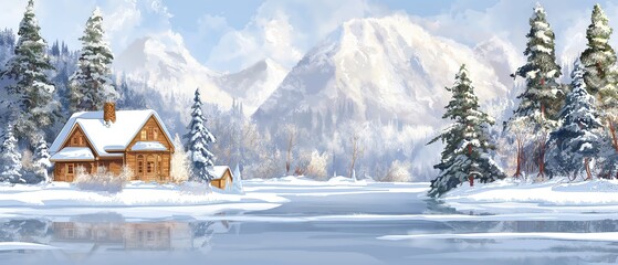 old log house in coniferous woodland beside river in winter season, peaceful place, artful painting style illustration with grungy brush stroke texture, Generative Ai