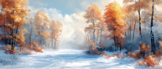 Naklejka premium oil painting illustration style, beautiful autumn scenery landscape with white snow cover on road