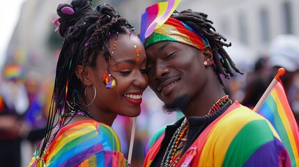 Rainbow Love: Intimate Couple in Matching Outfits Holding Pride Flag