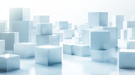  A collection of white cubes arranged atop one another in a room's center Surrounded by two identical, white walls