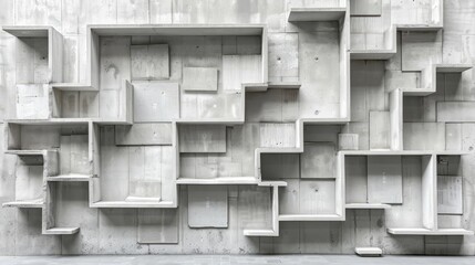  A group of white shelves sits atop a cement wall, facing a wall adorned with cement squares and rectangles, forming an intricate pattern of cubes and rectangles
