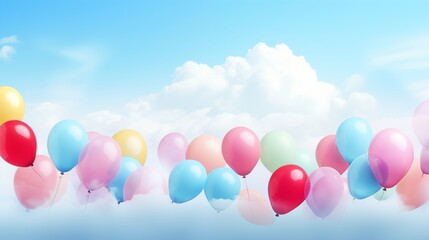 A Bright Summer Sky Filled with Colorful Balloons Floating Above the Clouds