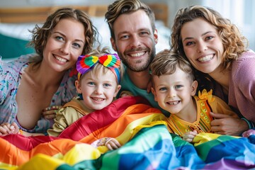 Colorful Family Pride: Happy Parents and Children in Matching Rainbow Outfits Holding LGBT Flag