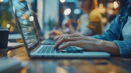 Close-up of hands typing on a laptop with digital interface overlays, representing technology, coding, and data processing in a modern workspace.