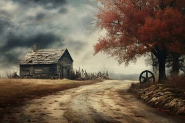 Eerie and scenic view of an old wooden cabin with a colorful autumn tree along a country road - Powered by Adobe