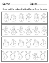 Snowman Puzzle. Printable Activity Page for Kids. Educational Resources for School for Kids. Kids Activity Worksheet. Find the Different Object