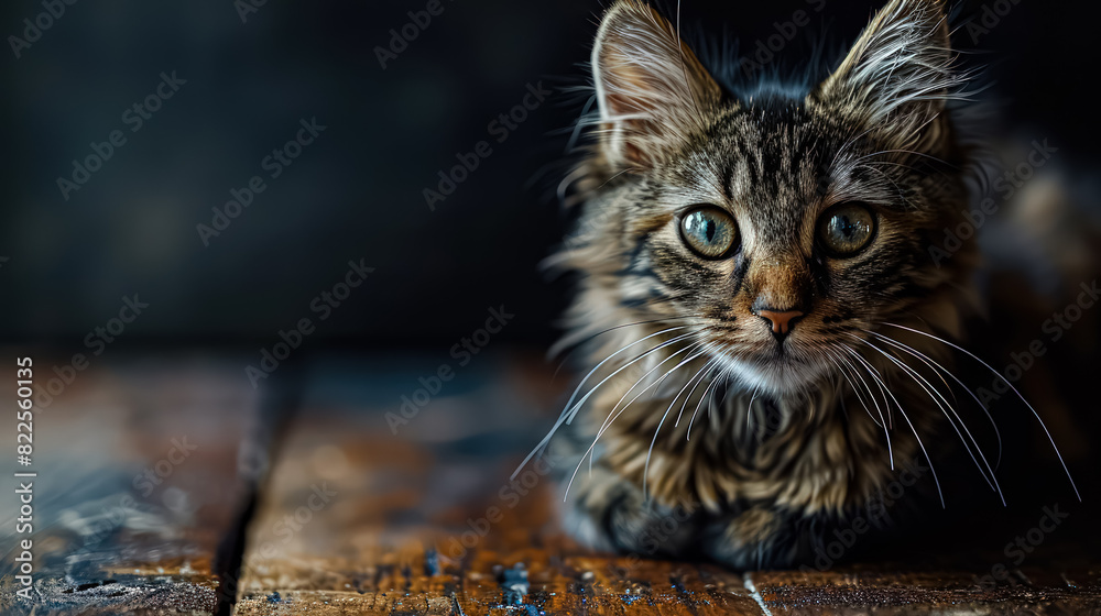 Wall mural close-up photo of a relaxed cat lounging on a wooden table. the image captures the serene moment wit