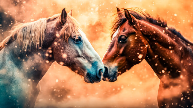 Photo of two horses nuzzling each other affectionately. The close bond between them is evident as they rub noses, showcasing a heartwarming display of companionship. - Powered by Adobe