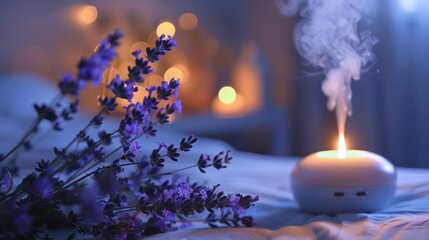 Aromatic lavender oil diffusing throughout a bedroom promoting relaxation and restful sleep.