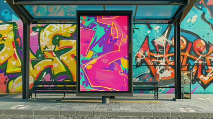 An extra tall vertical billboard at a bus stop, set before a vividly vibrant graffiti wall.