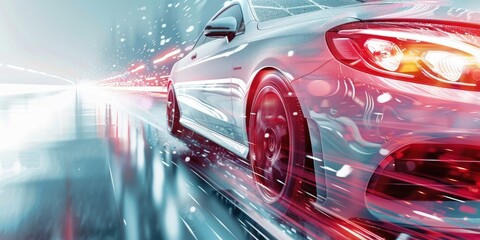 Close-up of a sleek car driving at high speed with dynamic light trails and motion blur