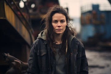 Fototapeta premium Contemplation Amidst Corrosion: A Woman's Pensive Look with Dismantled Ships Behind Her