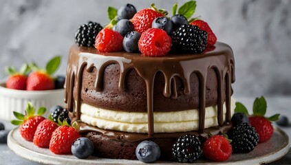 Chocolate drip cake with white cake garnished with berries