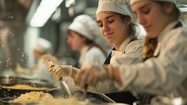 See students in a high school cooking class learning new recipes and culinary techniques