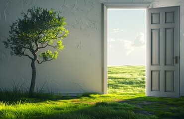 Open door leading to an empty room with grass and blue sky outside 